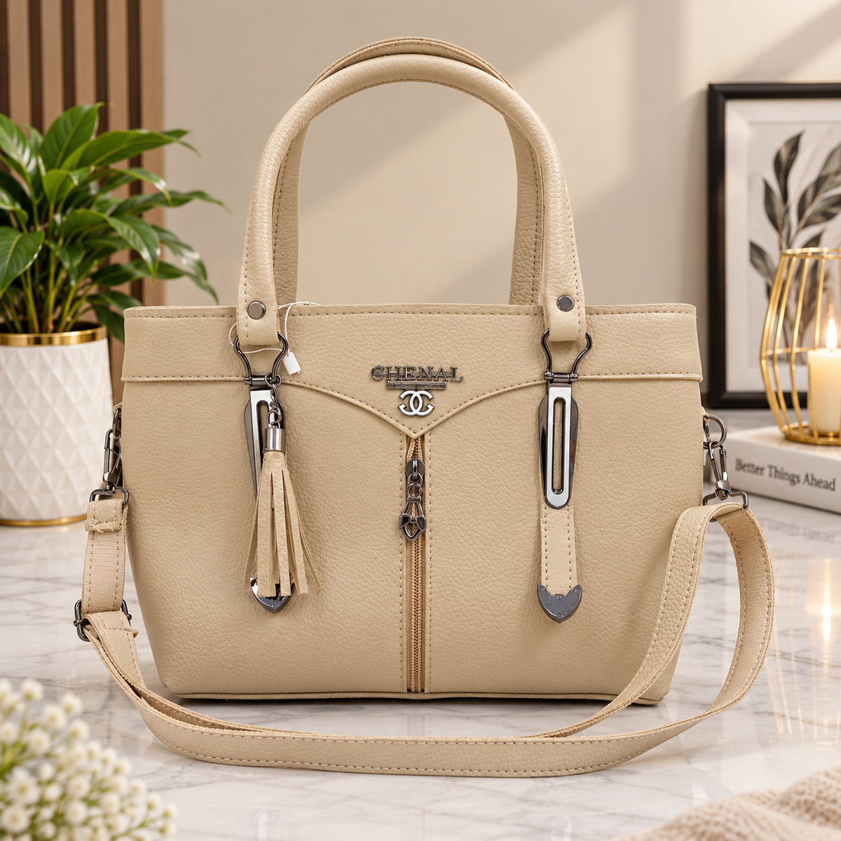 Graceful Beige Structured Handbag with Tassel