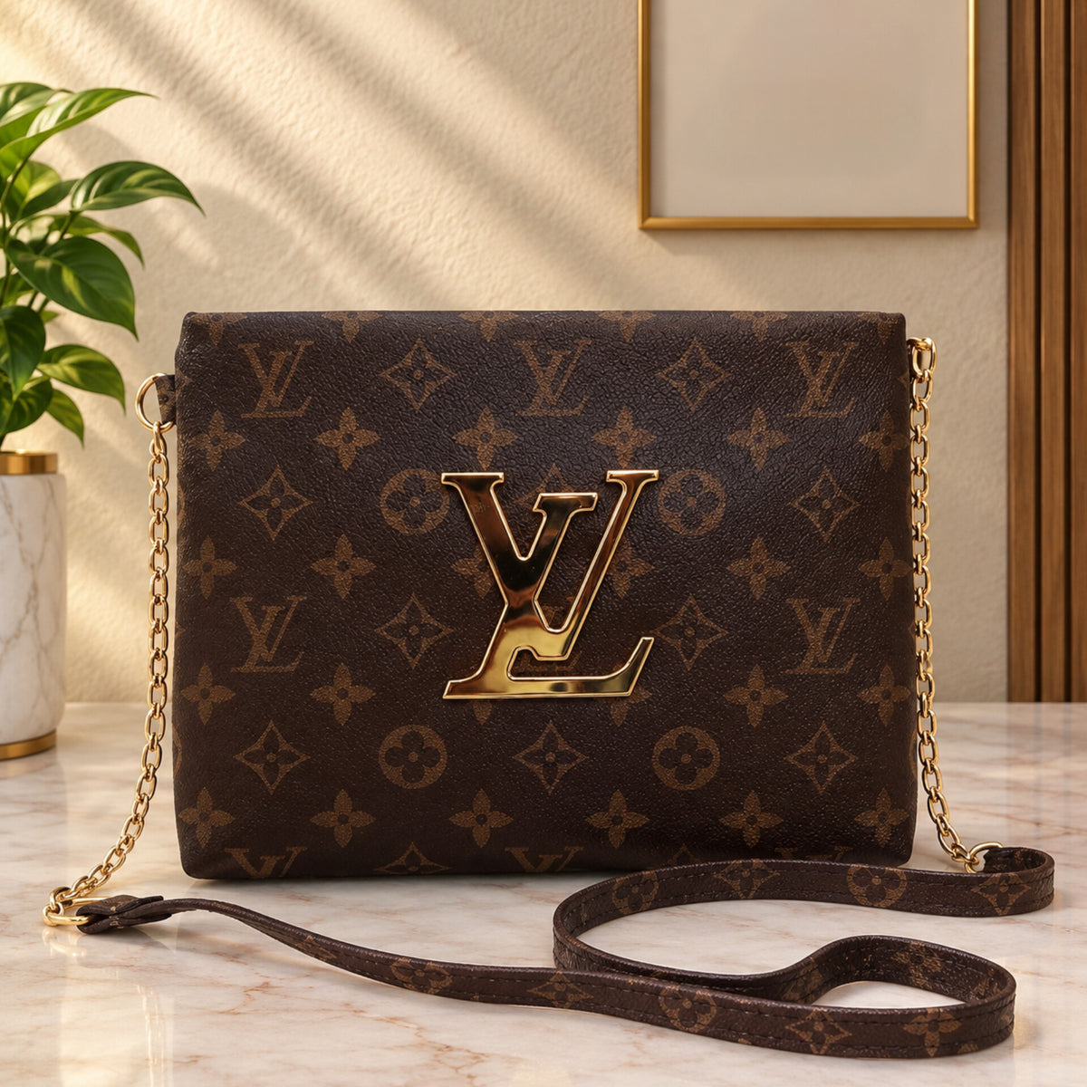Classic Monogram Print Sling Bag with Gold Chain