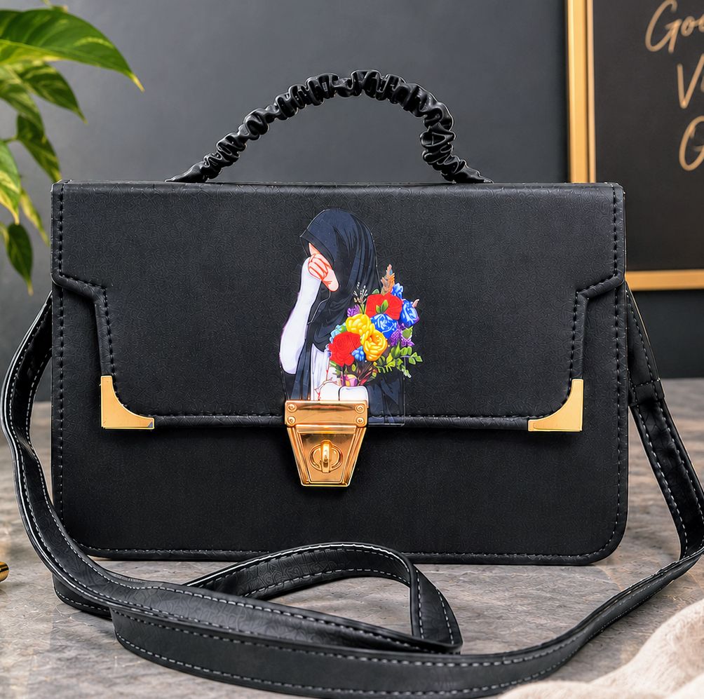 Elegant Black Top-Handle Bag with Graphic Art