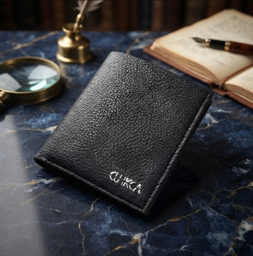 Black Textured Leather Bifold Wallet for Men